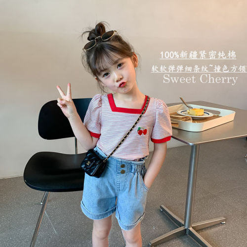 Girls striped t-shirt 2022 summer new children's clothing foreign style cherry embroidery children's pure cotton square collar short-sleeved top