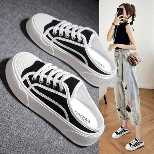 Explosive Baotou half-slippers women's summer wear 2023 new breathable canvas shoes slip on thick-soled muffin small white shoes