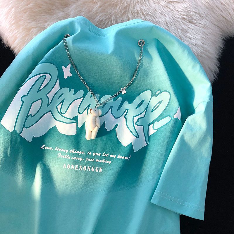Bear necklace short-sleeved t-shirt women's ins tide summer loose design letter printing half-sleeved college wind top clothes