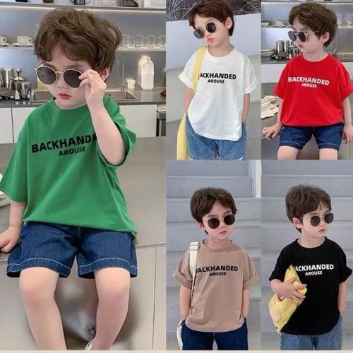2023 spring and summer new children's clothing boys Korean version of solid color letter T-shirt trendy children's foreign style loose short-sleeved cotton