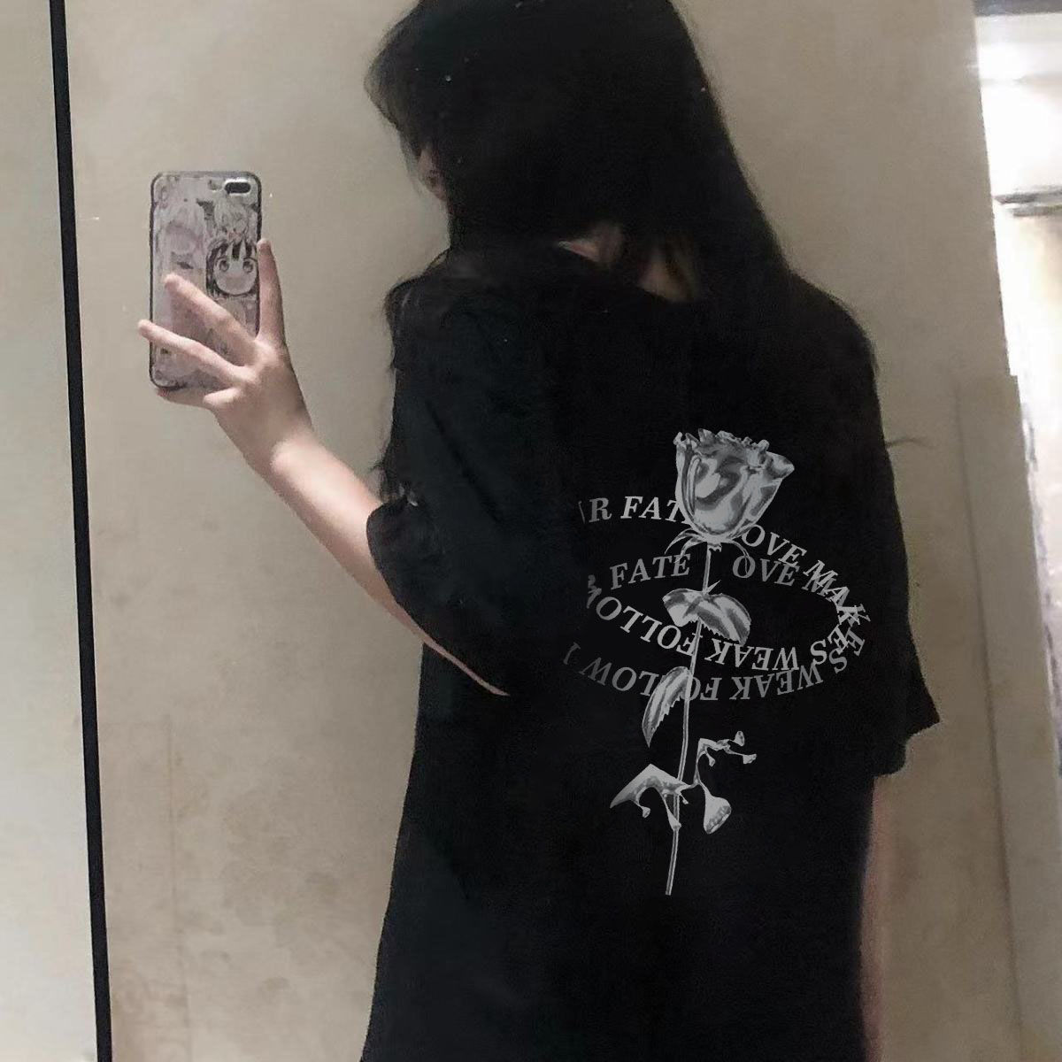 Guochao American style hiphop high street 2023 summer rose print short-sleeved t-shirt women loose ins top clothes trendy women