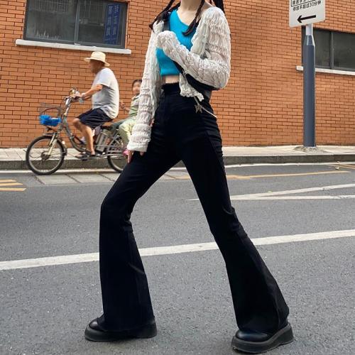 Women's spring and autumn high-waist elastic slim-fit black bootcut jeans with super-length legs