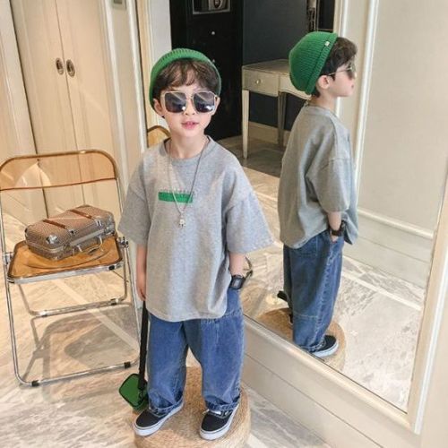 Boys and girls summer new T-shirt 2023 fashion loose personality pure cotton thin section pullover half-sleeved round neck top tide
