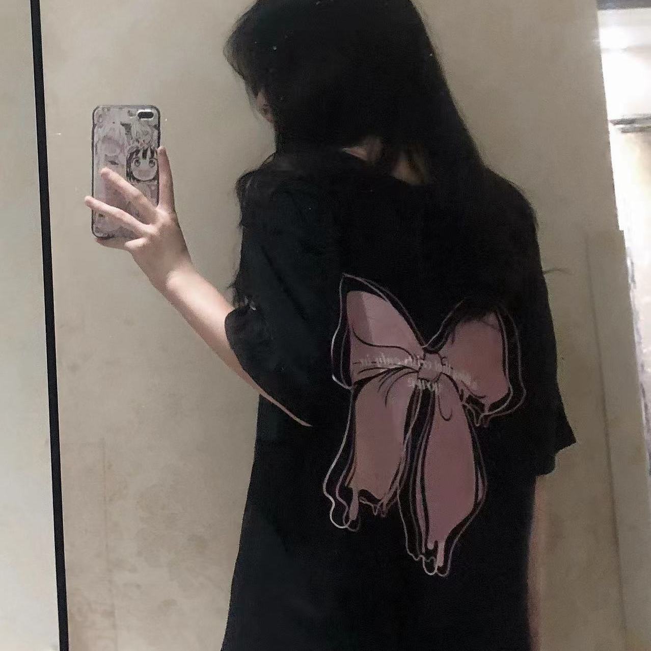 American style black loose t-shirt female trend sweet cool summer new short-sleeved oversize round neck printed top female