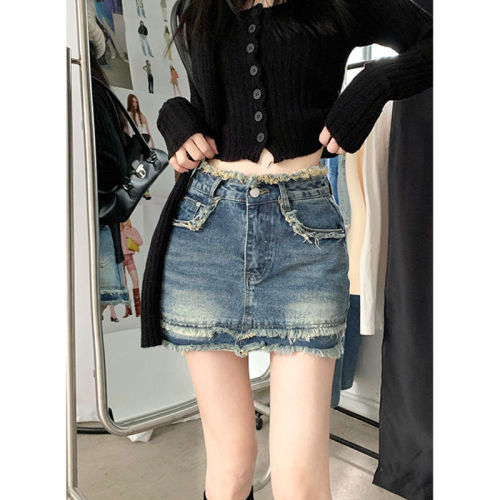 145 short xs size hot girl retro denim skirt female summer high waist raw edge bag hip a-line skirt skirt pants