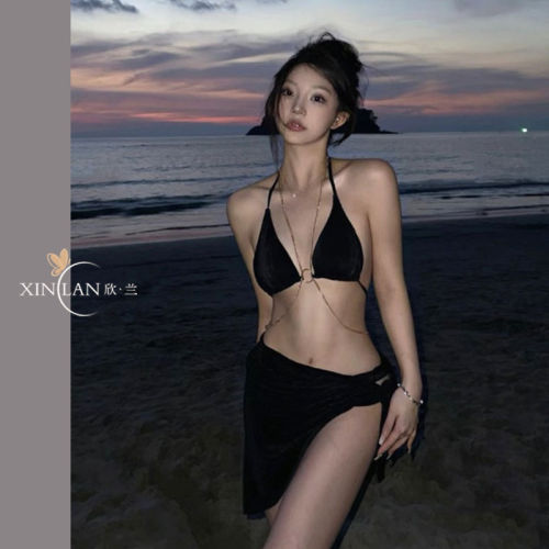 Pure desire wind chain swimsuit female super fairy split small chest gathered bikini three-piece hot spring seaside vacation ins