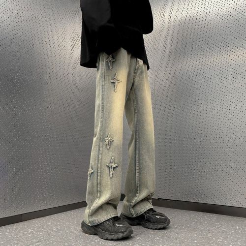 Yellow mud-colored cross jeans women's spring and autumn national tide oversize pants American style old-fashioned loose slightly flared wide-leg pants