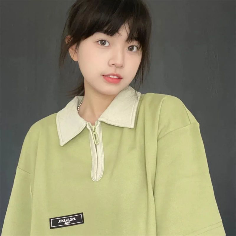 Very white [polo shirt] Hong Kong style Japanese zipper lapel short-sleeved INS student Harajuku loose T-shirt tide