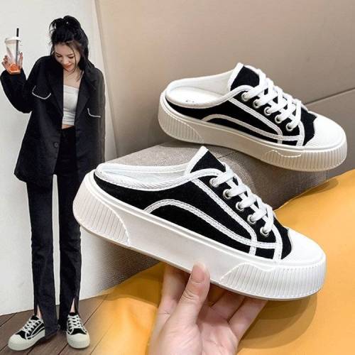Lazy Baotou half-slippers women's summer wear 2023 new breathable canvas shoes slip on thick-soled muffin small white shoes