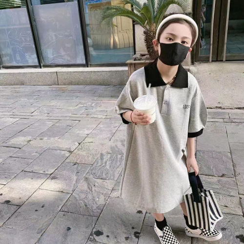 Korean girls cotton T-shirt polo skirt 2023 summer children's clothing short-sleeved ins college wind skirt children's dress