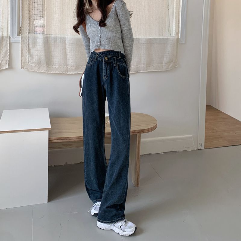 145 short size xs size irregular cross waist jeans women's autumn straight high waist thin loose wide leg pants