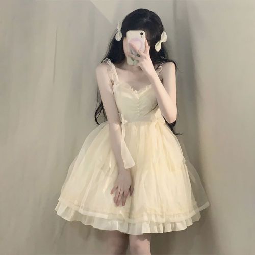 Japanese sweet and cute soft girl waist slimming mesh suspender dress female student summer small princess dress