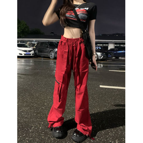 145 short xs size high waist American red casual pants women's summer new straight loose tooling wide leg pants