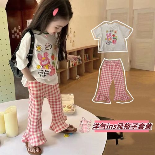 Ins girl summer new style foreign style cotton cartoon printing short-sleeved female treasure cute T-shirt bottoming shirt plaid trousers