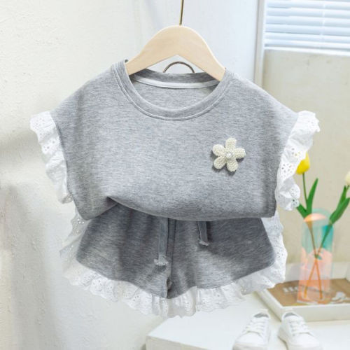 Children's clothing girls' short-sleeved shorts suit cotton summer 2023 new children's summer clothing clothes baby western style sportswear