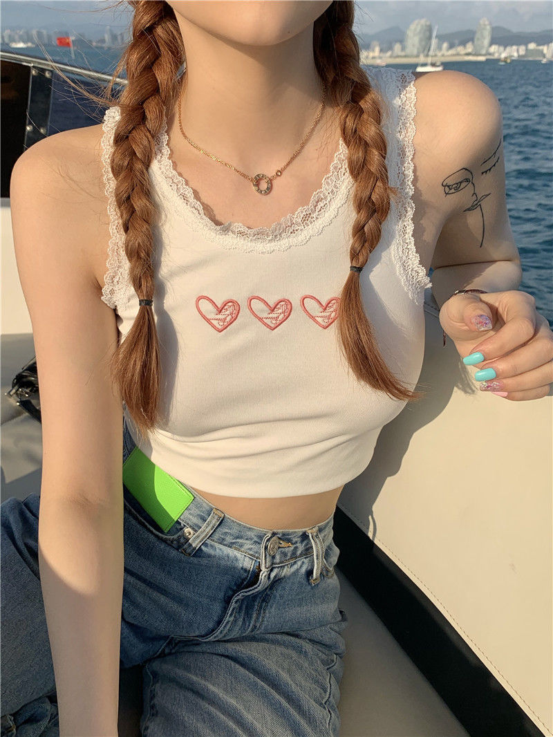 Sweet love love embroidered lace camisole women's outer wear summer hot girl short section with ins trendy white top