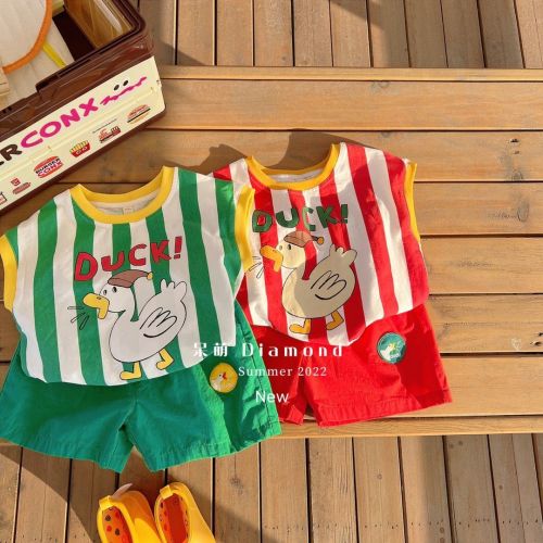 Ins summer boys and girls baby children's clothing cartoon big goose sleeveless short-sleeved shorts children's vest pure cotton foreign style suit
