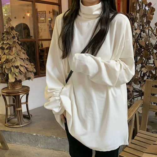 Pile collar soft waxy bottoming shirt women's loose autumn and winter new long-sleeved high-necked t-shirt thickened white top