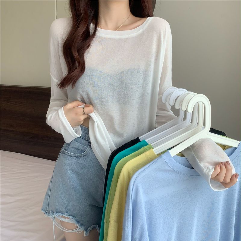 Summer large size sun protection clothing female fat mm300 catties thin section all-match loose pullover air-conditioning blouse ice silk top tide