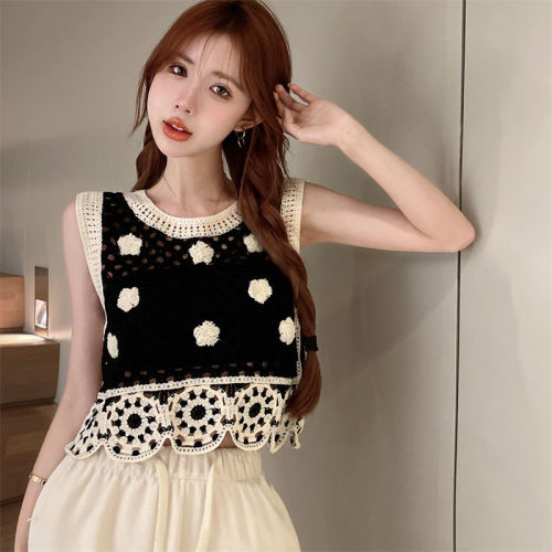 Retro Flowers Hollow Knit Small Vest Women's Thin Section Western Style Summer Sweet and Spicy Age-Reducing Outer Wear Vest Shoulder Sleeveless Top