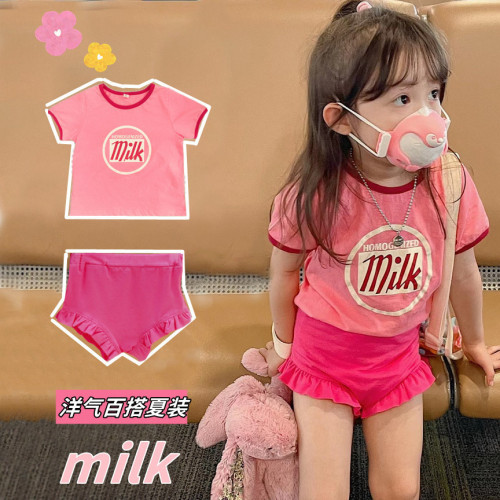 Ins summer Korean version of children's clothing girls short-sleeved T-shirt cotton little girl pink letters hit color tops western style suit tide