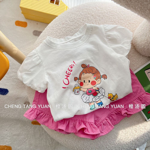 Girls short pants summer cute flower bud pants new female treasure pure cotton foreign style cartoon bubble short-sleeved T-shirt for children