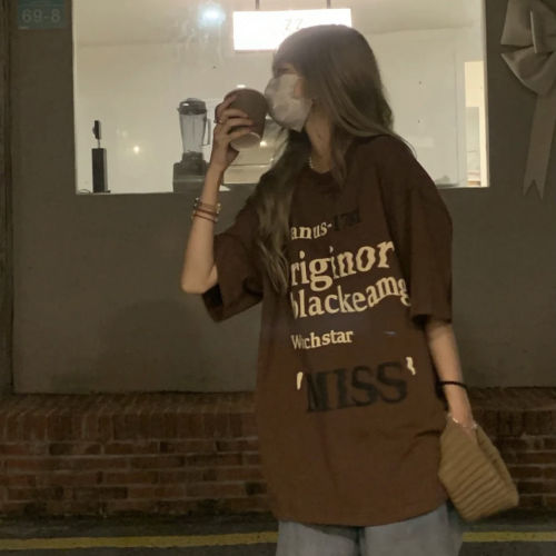 National trend niche design letter printing loose casual round neck short-sleeved  summer brown top American style