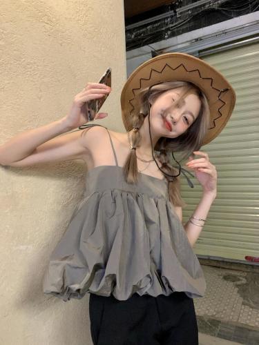 Sweet and Spicy French Strappy Sling Top Women's Summer Outerwear Loose and Chic Design Sleeveless Sweet Puffy Doll Shirt