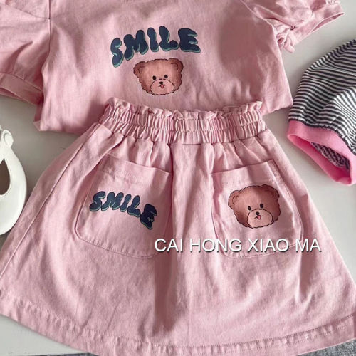 Korean ins children's clothing  summer new T-shirt girls suit fashionable foreign style short-sleeved skirt two-piece cartoon
