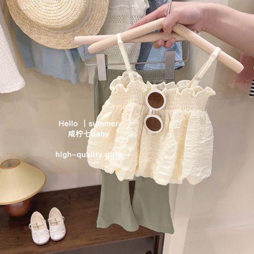 Korean children's clothing girl's camisole 2023 summer foreign style baby fashionable wooden ears sweet solid color top