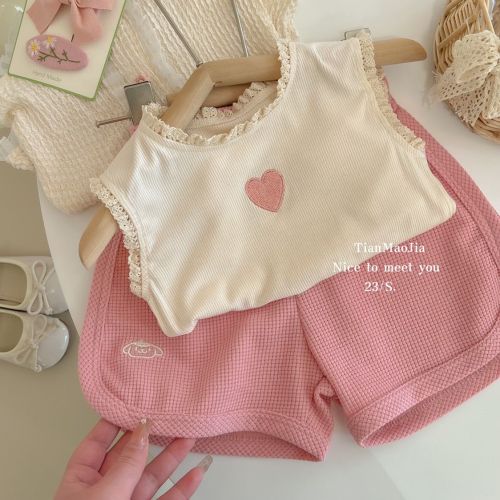2023 new girls' summer suit net red children's clothing fashionable foreign style baby short-sleeved shorts two-piece set