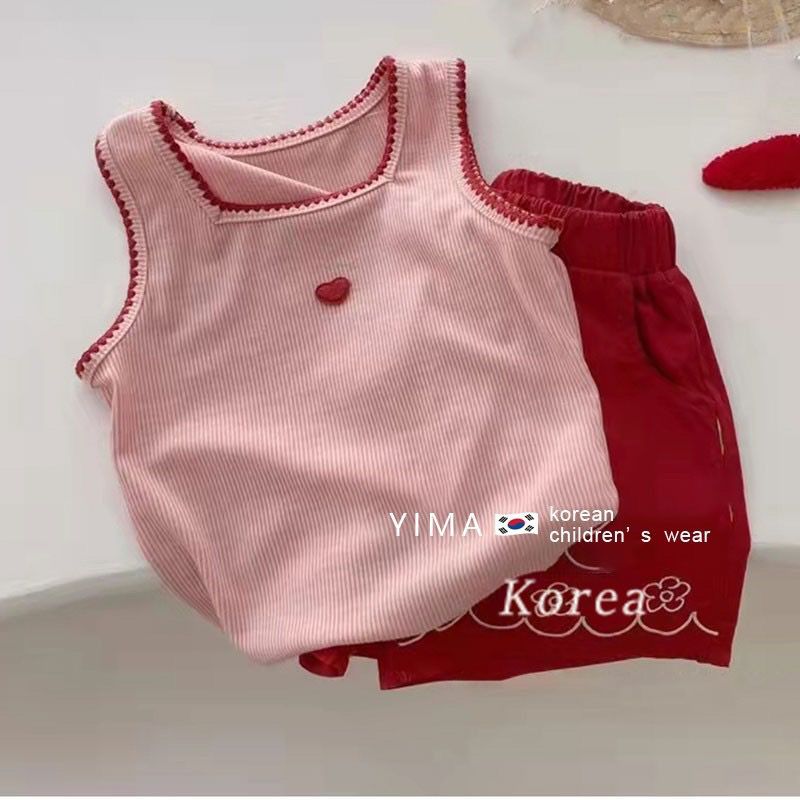 Girls' summer clothes net red fried street suit sleeveless 2023 new style foreign style vest suspenders shorts children's two-piece trendy