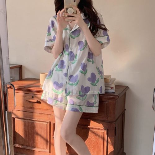 Ins wind pajamas women's summer new sweet and simple tulip printing thin section high-end short-sleeved home service suit
