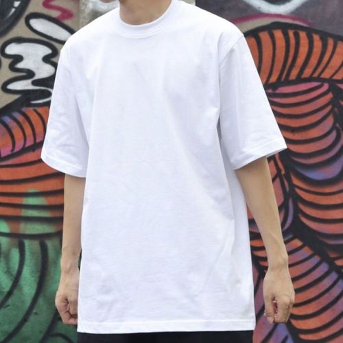 American trendy brand retro cotton round neck drop shoulder T-shirt men's solid color pure white loose all-match short-sleeved top bottoming shirt