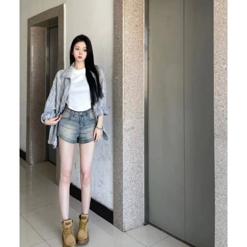 Retro blue denim shorts women's elastic slim slim straight all-match washable old European and American style cover meat sweet