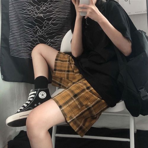 Plaid shorts women's summer thin straight loose five-point pants Japanese high waist casual sports pants women's trendy ins