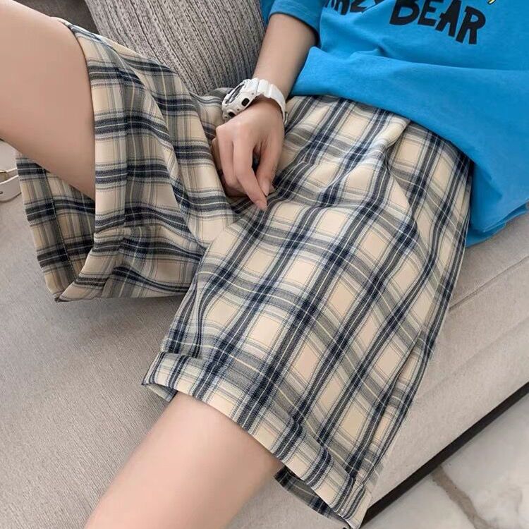 Blue plaid shorts women's summer thin section loose straight pants outerwear five-point high waist casual wide-leg five-point pants