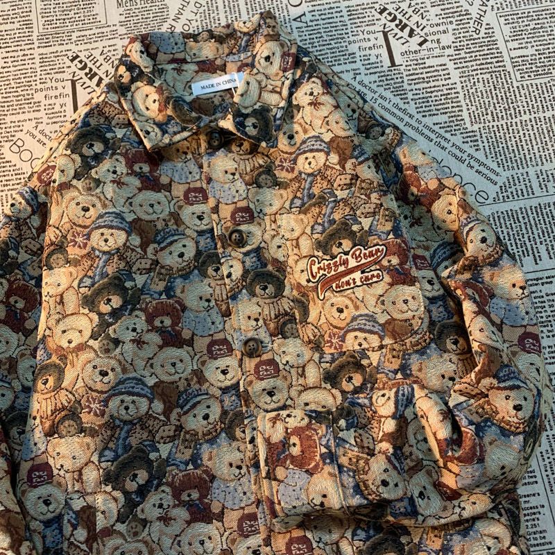 American retro full print bear tooling jacket trendy brand loose casual couple outfit embroidery lapel jacket men's spring and autumn