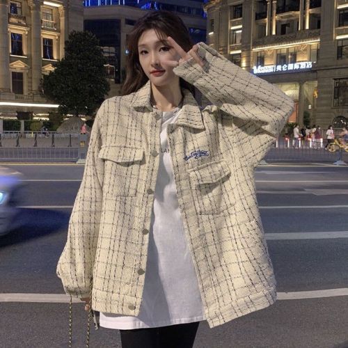 Korean fashion ins plaid small fragrance tooling jacket female spring and autumn new student retro American jacket top