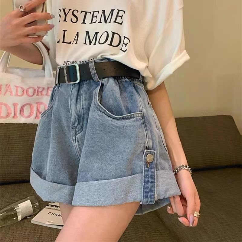 Summer new high waist denim shorts women look thin elastic curling button design hot pants wide legs hot girls look thin