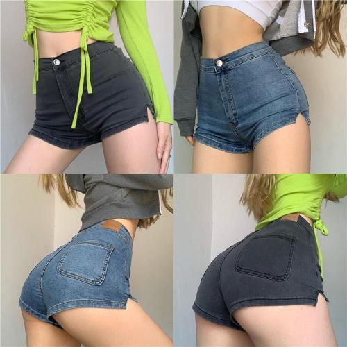 European and American style four seasons hip-lifting high-waisted denim shorts feminine look thin basic style all-match slit net red hot pants