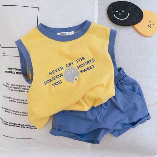 Pure cotton ins Korean version of children's smiling face sleeveless T-shirt vest shorts suit boys foreign style thin section summer two-piece set
