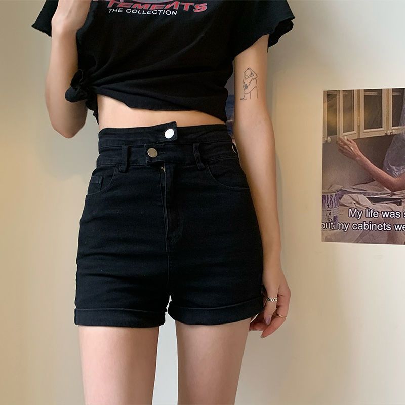 Black high waist hot girl slim denim shorts women's summer new tight elastic small super shorts hot pants trend