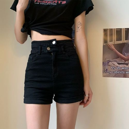 Black high waist hot girl slim denim shorts women's summer new tight elastic small super shorts hot pants trend