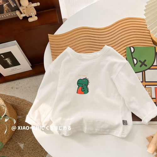 Universal collocation~Children's spring and autumn cute printed cotton thin section solid color round neck long-sleeved t-shirt white baby bottoming shirt