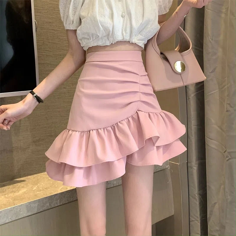 Irregular ruffled skirt skirt female spring and summer 2023 new skirt high waist pink skirt mermaid skirt half skirt