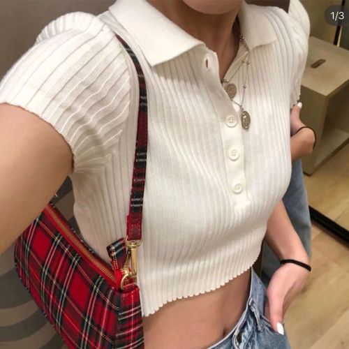BIIKPIIK Polo Collar Button Solid Color Thread Knit Top Slim Slim Basic Versatile T-Shirt Short Sleeve Women