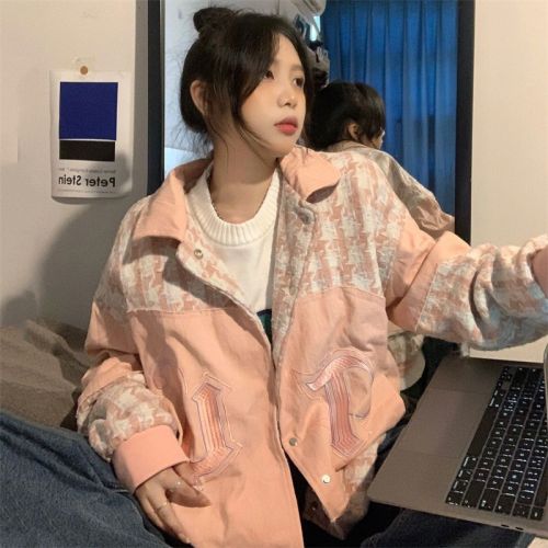 Korean version of pink houndstooth splicing small fragrant wind jacket female ins spring and autumn new student tooling jacket top tide