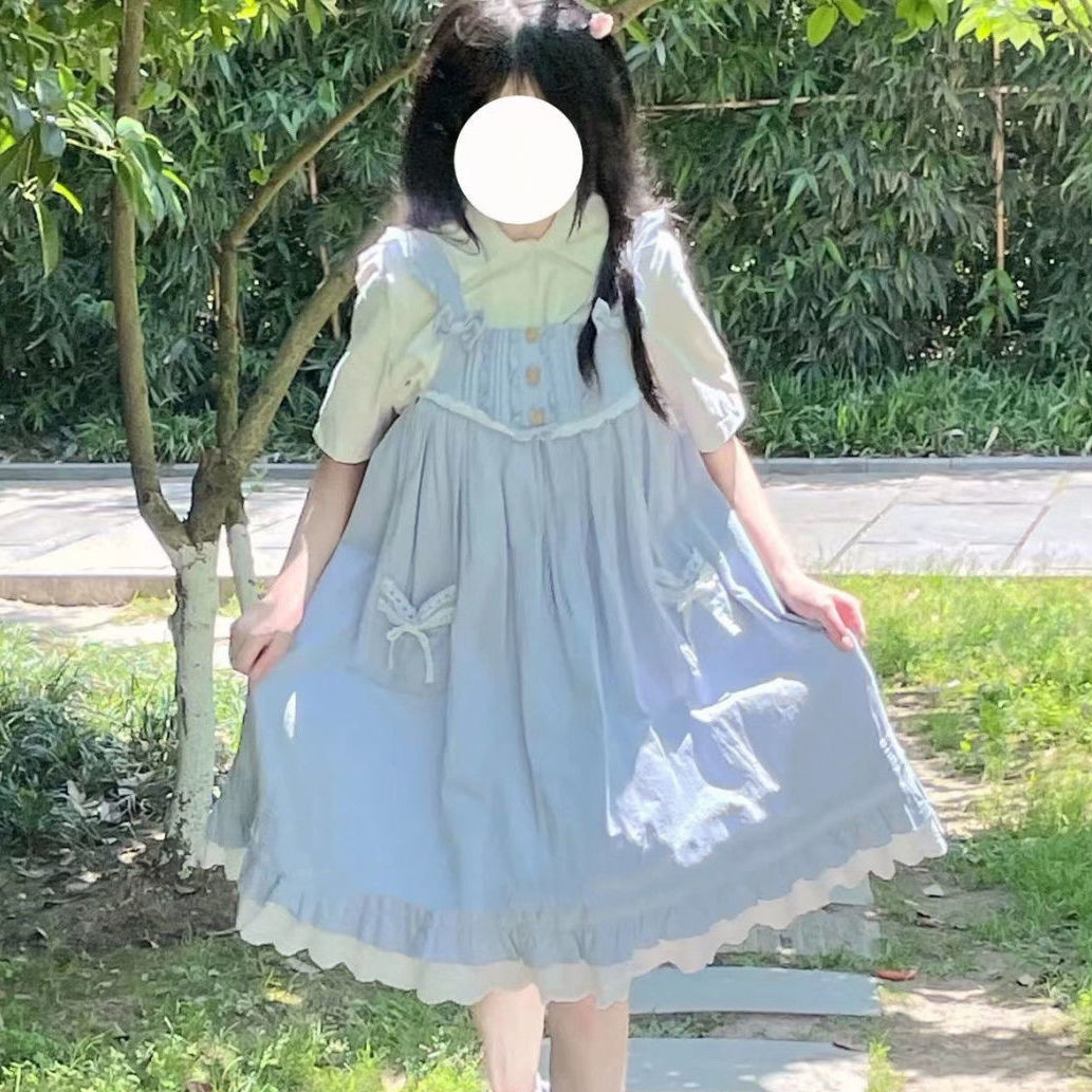 Korean version stitching contrast color bow strap dress female student + all-match short-sleeved shirt summer one-piece suit
