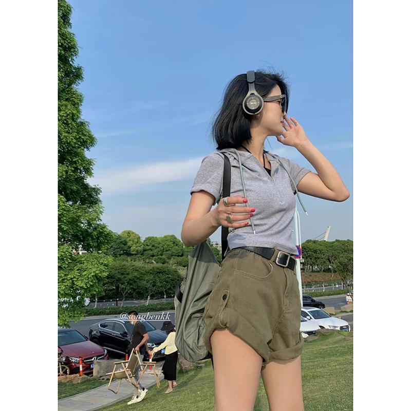 European and American babes retro tooling high waist denim shorts women's summer high street straight slim pants ins